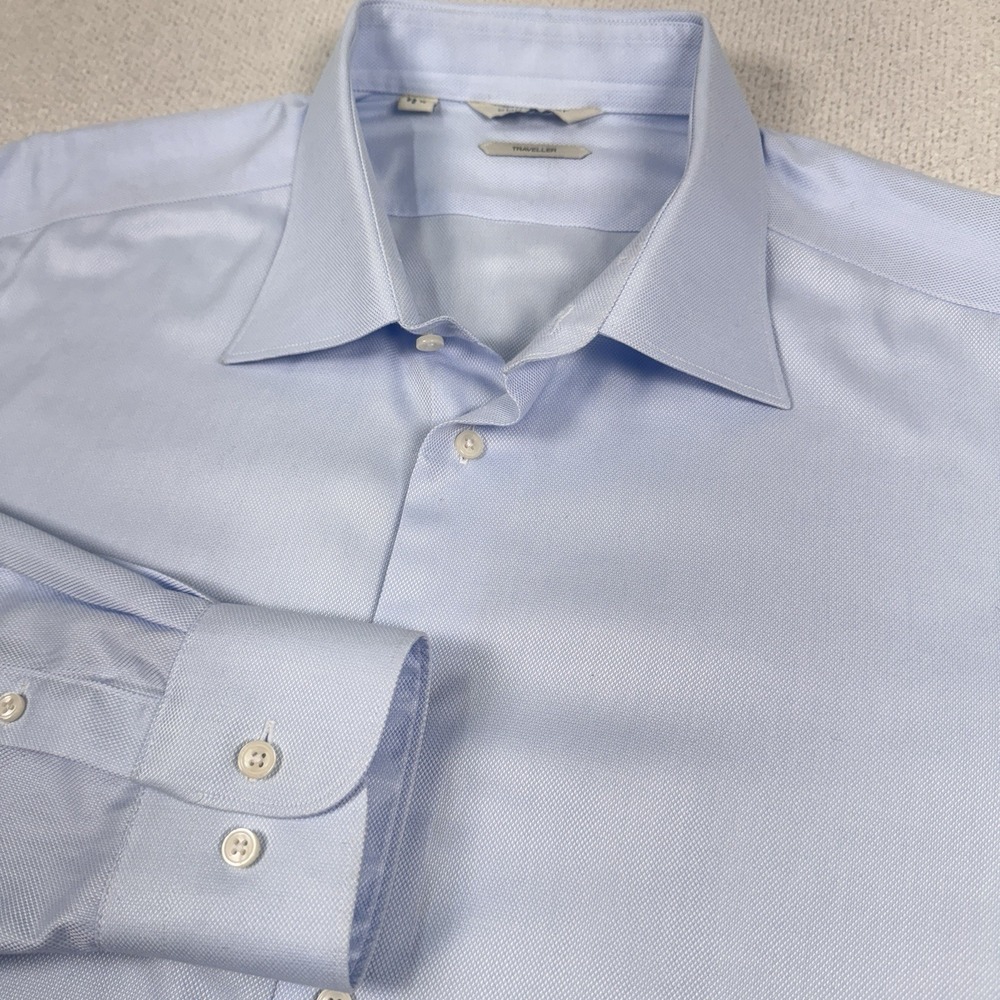 Men's Suit Supply Traveller Shirt Men's 46 18 Slim Fit Blue Twill Button‎ Front